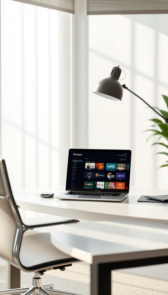 A sleek, minimalist office setup with a laptop, desk, and chair. The laptop screen displays the Hoxtoon Provider IPTV service interface, showcasing its user-friendly design and intuitive navigation without the need for a VPN. The room is bathed in soft, natural lighting filtering through large windows, creating a calming and productive atmosphere. The overall scene conveys the ease and convenience of accessing IPTV content directly, without the complexity of setting up a VPN.