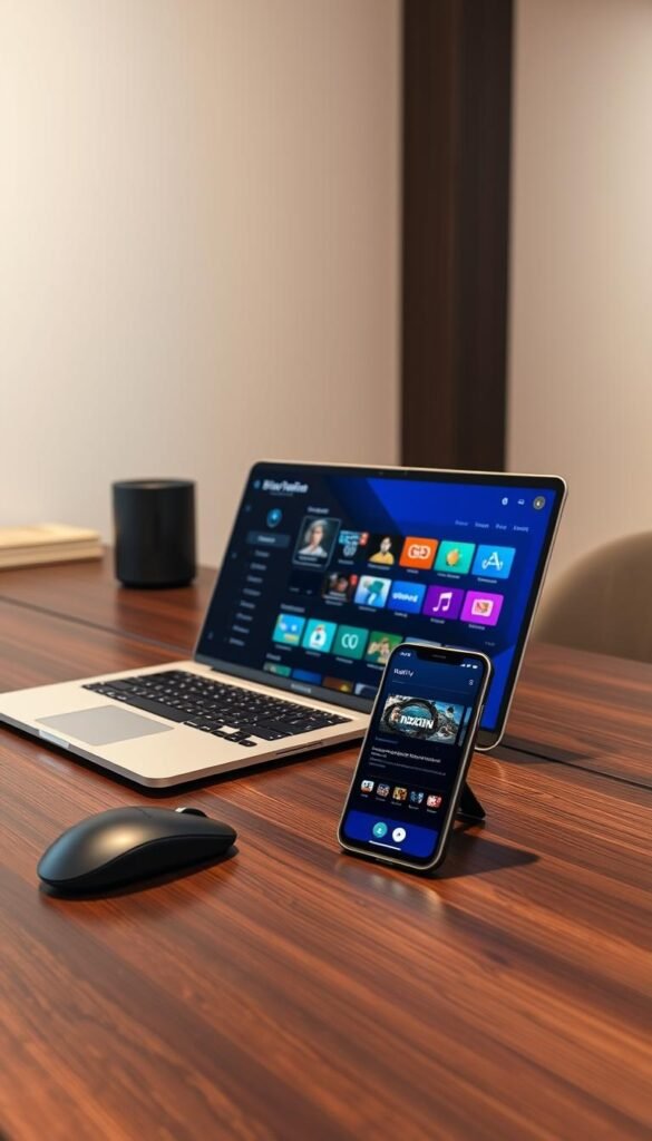 A sleek, minimalist office setup with a laptop, mouse, and a smartphone displaying the Hoxtoon Provider IPTV service interface. The desk is made of dark wood, and the background features a clean, modern wall in a neutral color. The lighting is soft and diffused, creating a warm, professional atmosphere. The focus is on the IPTV service, showcasing its user-friendly design and intuitive navigation. The scene conveys a sense of reliability, efficiency, and customer satisfaction with the Hoxtoon Provider IPTV service.