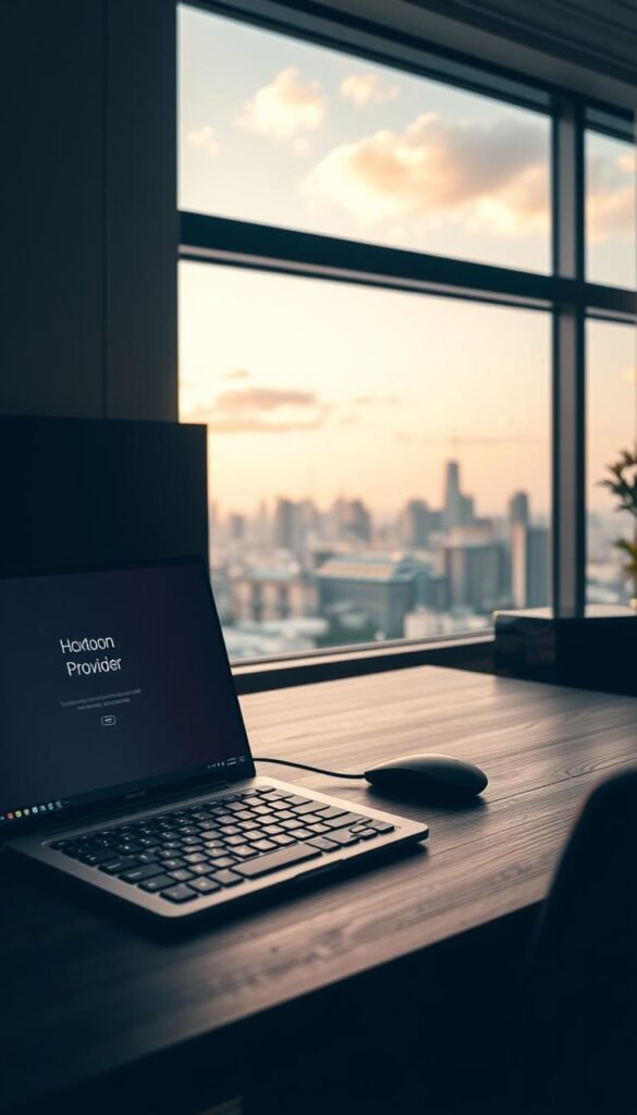 A sleek, minimalist office setup with a laptop, mouse, and keyboard on a dark wooden desk. The screen displays a vibrant, high-quality IPTV interface with the Hoxtoon Provider logo prominently featured. Soft, warm lighting creates a cozy, productive atmosphere, while a large window in the background offers a scenic view of a city skyline. The composition emphasizes the seamless integration of technology and the user's immersive IPTV experience, conveying the optimization and refinement of IPTV streaming quality.