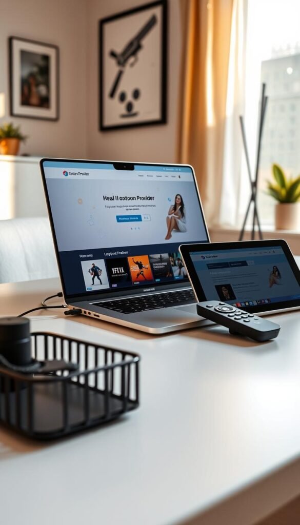 A sleek, minimalist office setup with a laptop, tablet, and remote control showcasing the Hoxtoon Provider IPTV service. The laptop screen displays the Hoxtoon Provider website, highlighting the benefits of using IPTV without a VPN. Warm, natural lighting illuminates the scene, creating a relaxed and productive atmosphere. The middle ground features a stylish desk organizer, and the background showcases a clean, modern interior design with neutral tones and minimalist decor.