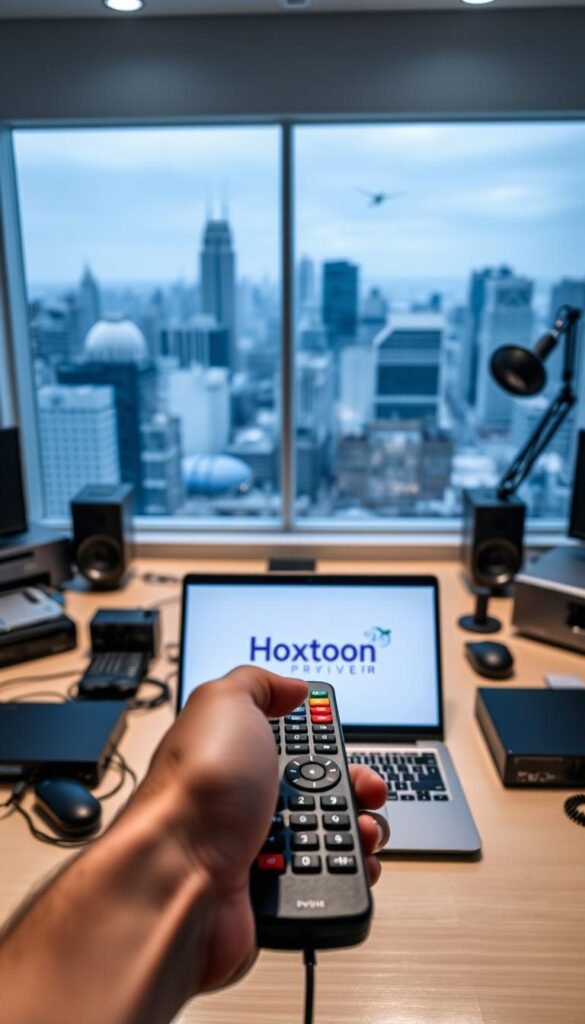 A sleek, minimalist office workspace with a laptop displaying the Hoxtoon Provider logo, surrounded by various IPTV-related equipment and devices. Soft, directional lighting illuminates the scene, creating a professional and focused atmosphere. In the foreground, a hand holding a remote control gestures towards the laptop, hinting at troubleshooting and customer support. The background features a blurred cityscape, conveying a sense of technology and connectivity. The overall composition emphasizes the role of Hoxtoon Provider in resolving common IPTV issues.