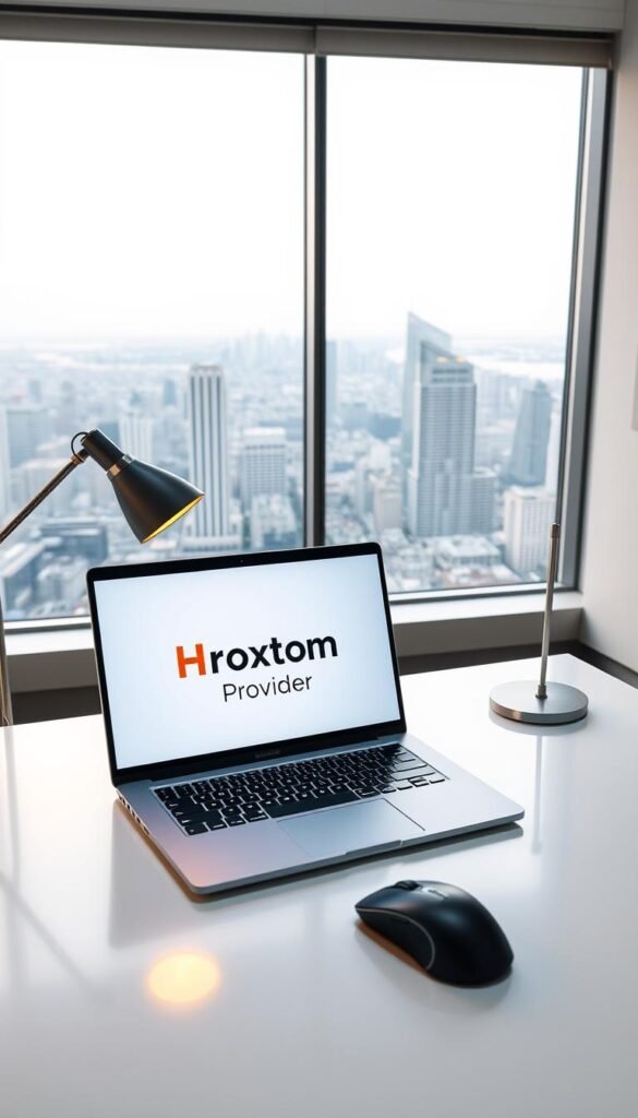 A sleek, minimalist office workspace with a laptop prominently displaying the "Hoxtoon Provider" logo on the screen. The desk is clean and uncluttered, with a modern, elegant lamp and a stylish, high-end wireless mouse. The lighting is soft and warm, creating a professional yet inviting atmosphere. In the background, a large window offers a panoramic view of a bustling city skyline, hinting at the global reach and accessibility of the IPTV service. The overall scene conveys a sense of reliability, efficiency, and the freedom of no-contract IPTV services.