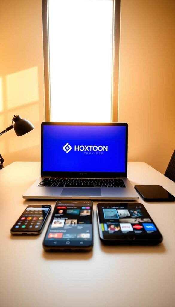 A sleek, minimalist office workspace with a laptop, tablet, and smartphone prominently displayed. The laptop screen shows the Hoxtoon Provider logo, while the tablet and smartphone display various IPTV streaming interfaces. The scene is bathed in warm, natural lighting from a large window, creating a professional and inviting atmosphere. The background features a clean, uncluttered wall with subtle textures, drawing focus to the technology-centric setup. The overall impression conveys the reliability and user-friendliness of the Hoxtoon Provider IPTV service for Kodi users.