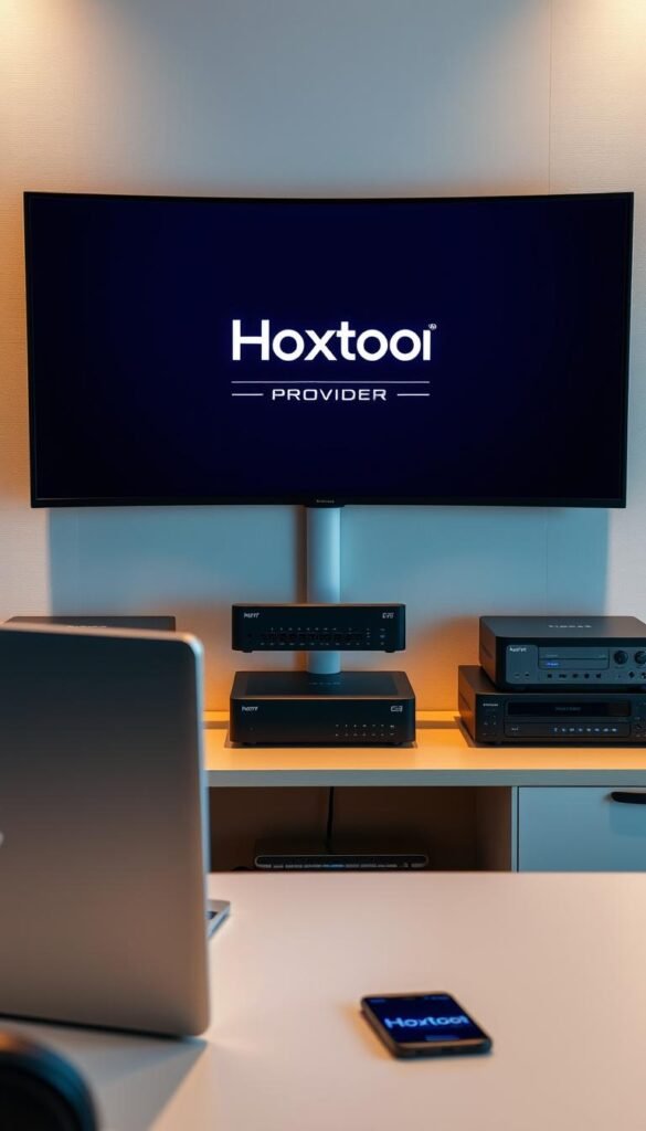 A sleek, minimalist office workspace with a large, curved monitor displaying the Hoxtoon Provider logo, surrounded by high-end technical equipment like modems, routers, and network switches. The scene is bathed in a warm, ambient lighting, creating a professional and reliable atmosphere. In the foreground, a laptop and smartphone are placed, showcasing the seamless integration of the IPTV streaming solution. The background features a clean, uncluttered wall with subtle textures, emphasizing the sophistication of the setup. The overall impression is one of a well-designed, efficient IPTV reseller workspace.