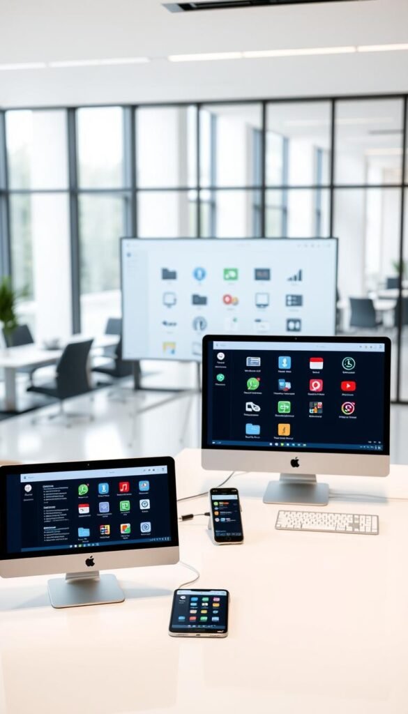 A sleek, minimalist office workspace with multiple devices seamlessly connected to the Hoxtoon Provider service. In the foreground, a modern desktop computer, tablet, and smartphone are arranged on a clean, white desk, their screens displaying the Hoxtoon interface. The middle ground features a large, high-resolution monitor showcasing the Hoxtoon multi-device support capabilities, with various device icons and a clean, intuitive UI. The background is a softly blurred, modern office environment, with large windows allowing natural light to flood the scene, creating a bright, airy atmosphere. The overall mood is one of efficiency, technology, and ease of use, perfectly encapsulating the Hoxtoon Provider's multi-device support features.