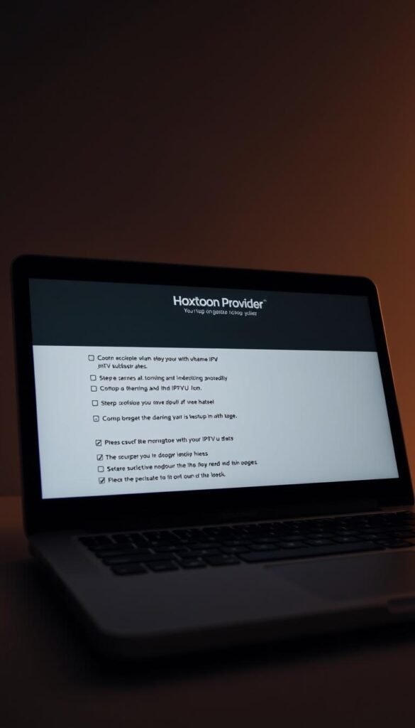 A sleek, minimalist setup guide for a lifetime IPTV .m3u subscription, displayed on a laptop screen with the Hoxtoon Provider logo prominently featured. The guide outlines the step-by-step process for configuring the .m3u file, with clean typography and intuitive icons guiding the user through the setup. The image has a warm, professional tone, conveying the ease and reliability of the Hoxtoon Provider lifetime IPTV service. Soft, directional lighting illuminates the laptop, creating depth and highlighting the guide's clarity. The background is a subtle gradient, keeping the focus on the setup instructions.