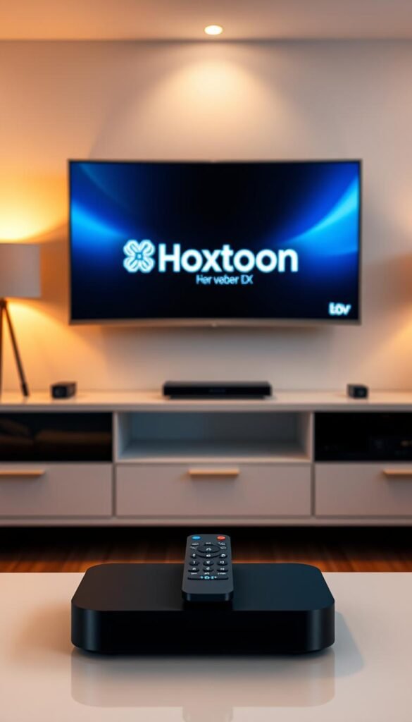 A sleek, minimalist setup of a home entertainment system showcasing a lifetime IPTV plan from Hoxtoon Provider. In the foreground, a modern TV displays the Hoxtoon logo and interface, surrounded by a minimalist entertainment console. In the middle ground, a wireless remote and streaming device sit neatly arranged, hinting at the seamless integration of the IPTV service. The background features a cozy, well-lit living room setting with warm, soft lighting, conveying a sense of comfort and relaxation for the viewer. The overall scene exudes a clean, sophisticated aesthetic that visually represents the reliable and hassle-free experience of setting up a lifetime IPTV plan from Hoxtoon Provider.