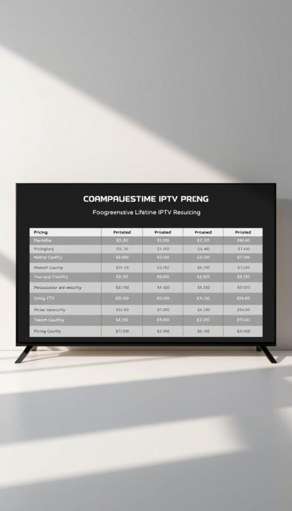 A sleek, minimalist table display showcasing Hoxtoon Provider's comprehensive lifetime IPTV pricing options. The table is rendered in a clean, monochrome palette with precise lines and angles, creating a sense of order and professionalism. The pricing tiers are clearly delineated, with bold headings and neatly organized pricing details. Subtle textures and shadows add depth and dimensionality to the scene, while strategic lighting casts a soft, warm glow across the display, lending an air of sophistication. The overall composition conveys a sense of authority and attention to detail, perfectly suited to illustrate the "Comprehensive Pricing Guide for Hoxtoon's Lifetime IPTV Services".