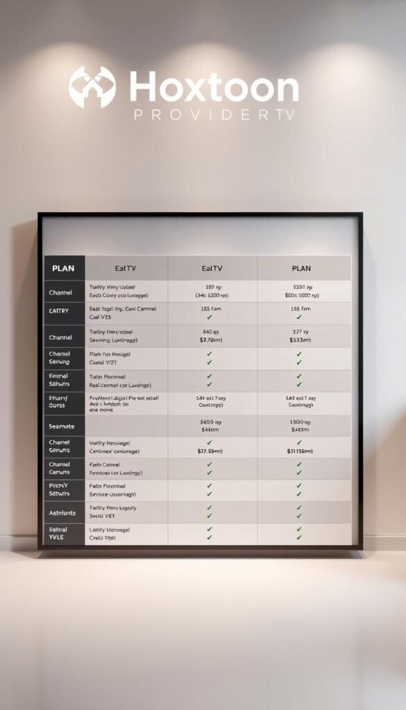 A sleek, minimalist table displaying Hoxtoon Provider's IPTV subscription plans. The plans are neatly organized with clear pricing, channel counts, and feature details. The table is set against a soft, neutral-toned background, with subtle lighting accentuating the clean lines and typography. The Hoxtoon Provider logo is prominently displayed at the top, conveying a sense of professionalism and reliability. The overall impression is one of a sophisticated, user-friendly interface that effectively communicates the value proposition of Hoxtoon's IPTV service.