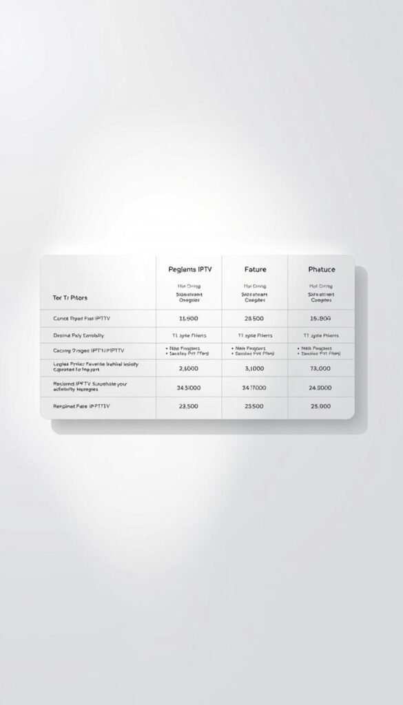 A sleek, minimalist table displaying the Hoxtoon Provider lifetime IPTV subscription plans. The table is positioned on a clean, white background, with subtle shadow effects to create depth. The plan details are presented in a clear, organized manner, highlighting the key features and pricing for each tier. The table is illuminated by soft, directional lighting, casting gentle shadows that add a sense of dimension. The overall composition conveys a professional, informative, and visually appealing representation of the Hoxtoon Provider's pricing structure.