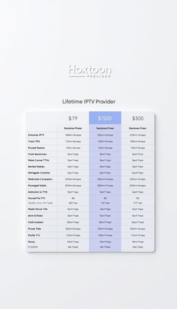 A sleek, minimalist table displaying the lifetime IPTV pricing plans for the Hoxtoon Provider. The table is positioned on a clean, light-colored background, with subtle grid lines to organize the information. The pricing tiers are clearly delineated, showcasing the various subscription options and their corresponding features and costs. The Hoxtoon Provider logo is prominently displayed at the top, adding a professional and branded touch to the scene. The overall mood is one of clarity, simplicity, and attention to detail, reflecting the comprehensive and accessible nature of the pricing guide.