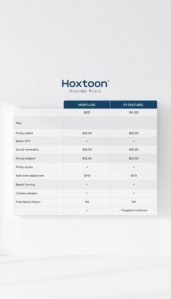 A sleek, minimalist table displaying the pricing plans for Hoxtoon Provider IPTV service. The table is set against a clean, light-colored background, with subtle grid lines and soft shadows adding depth. The plan names, monthly/annual costs, and key features are presented in a clear, easy-to-read format. The Hoxtoon Provider logo is prominently displayed at the top, conveying a sense of professionalism and trust. The overall mood is one of clarity, simplicity, and attention to detail, reflecting the quality and reliability of the Hoxtoon IPTV offering.