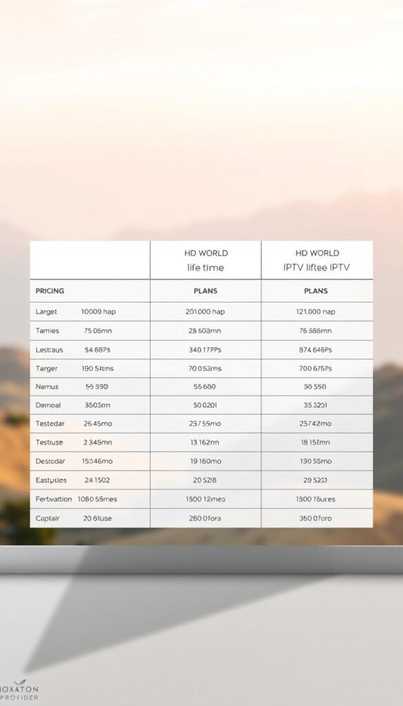 A sleek, minimalist table displaying the pricing plans of the Hoxtoon Provider HD World lifetime IPTV service. The table is rendered in a clean, modern style with a neutral color palette, crisp typography, and well-organized columns showcasing the plan details. The background is a softly blurred landscape, hinting at the global availability of the service. The lighting is natural and slightly directional, casting subtle shadows to add depth and dimension. The overall impression is one of professionalism, clarity, and the high-quality nature of the HD World IPTV offering.