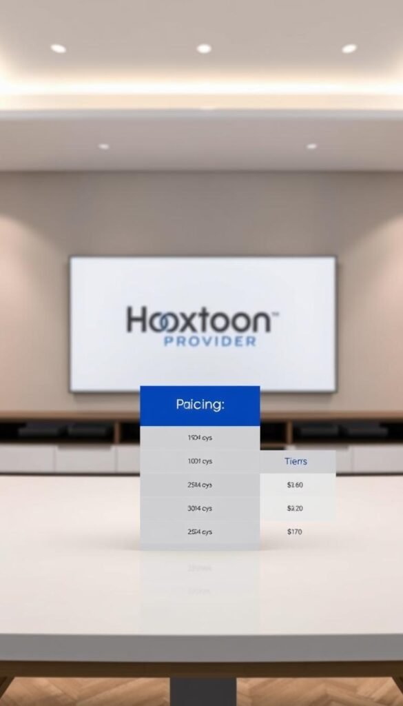 A sleek, minimalist table displaying the pricing structure for a Hoxtoon Provider lifetime IPTV code. The table is situated in a well-lit, modern interior, with clean lines and a subtle color palette. The foreground showcases the pricing tiers, highlighted with elegant typography and precise numerical values. The middle ground features the Hoxtoon Provider brand name, prominently displayed in a sophisticated, sans-serif font. The background is a softly blurred, neutral-toned wall, creating a sense of depth and emphasizing the focal point of the pricing information.