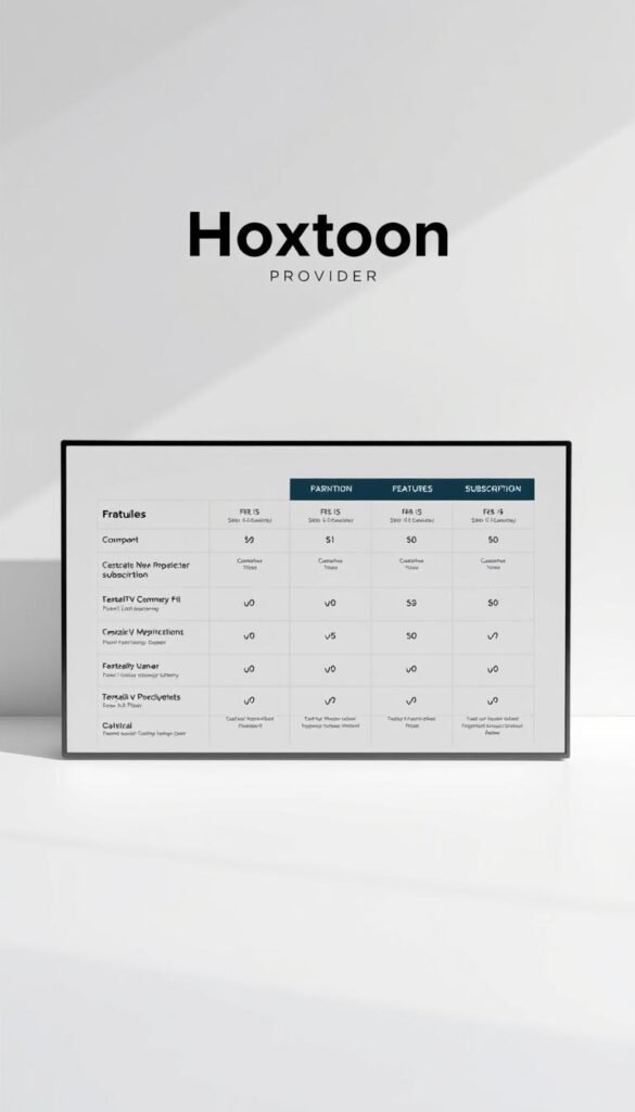 A sleek, minimalist table displaying the subscription plans offered by the Hoxtoon Provider. The table is positioned on a clean, white background, with subtle shadow effects to create depth and dimension. The plan details are presented in a clear, organized layout, highlighting the features, prices, and any relevant terms or conditions. The Hoxtoon Provider logo is prominently displayed at the top, lending an air of professionalism and authority to the image. The overall tone is one of clarity, trust, and reliability, perfectly suited to illustrate the section on safely and securely purchasing IPTV subscriptions.