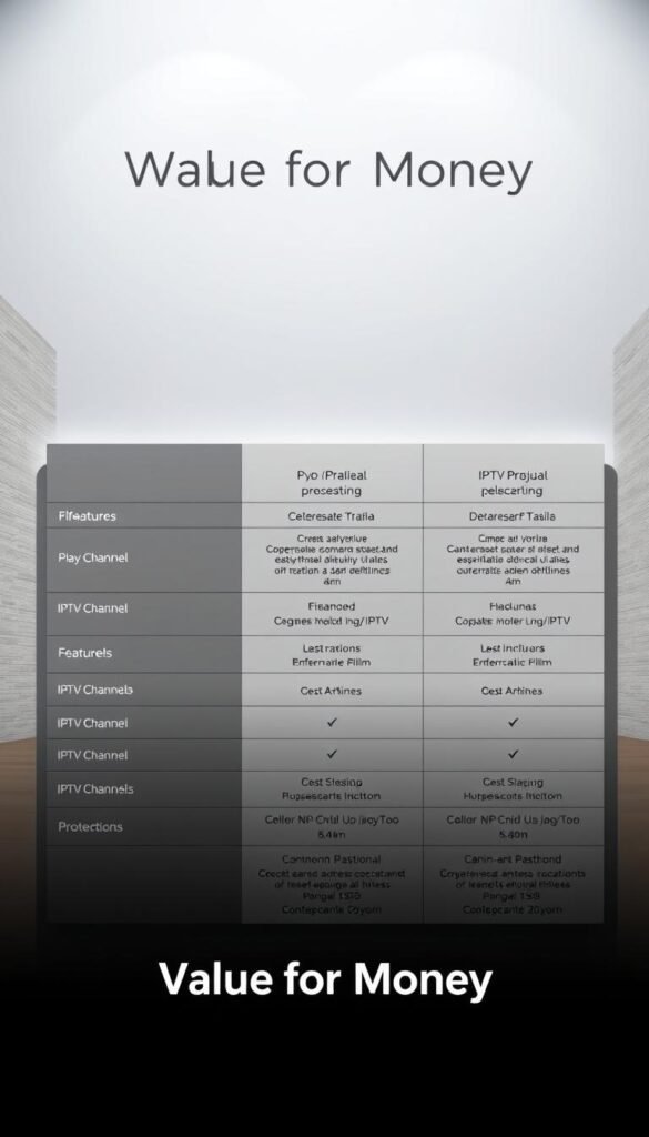 A sleek, minimalist table layout showcasing Hoxtoon Provider's IPTV subscription plans in a clean, organized manner. The table has a neutral color palette of muted grays and whites, with subtle highlights to draw the eye. Each plan is presented with concise, easy-to-digest information on features, channels, and pricing, allowing for a clear, side-by-side comparison. The overall scene is well-lit, with soft, diffused lighting from above, creating a professional, informative atmosphere. The table is set against a simple background, allowing the plans to be the focal point, conveying the "Value for Money" theme.