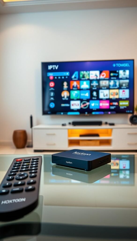 A sleek, minimalist television display showcasing the Hoxtoon Provider IPTV service. The screen displays a grid of popular live TV channels, reflecting the extensive content library. In the foreground, a high-end remote control with intuitive controls rests on a modern, glass-topped table. The middle ground features a modern, stylish set-top box housing the Hoxtoon IPTV technology, bathed in a warm, soft lighting. The background depicts a stylish, contemporary living room setting with clean lines, neutral tones, and subtle decorative accents, creating an atmosphere of sophistication and entertainment.