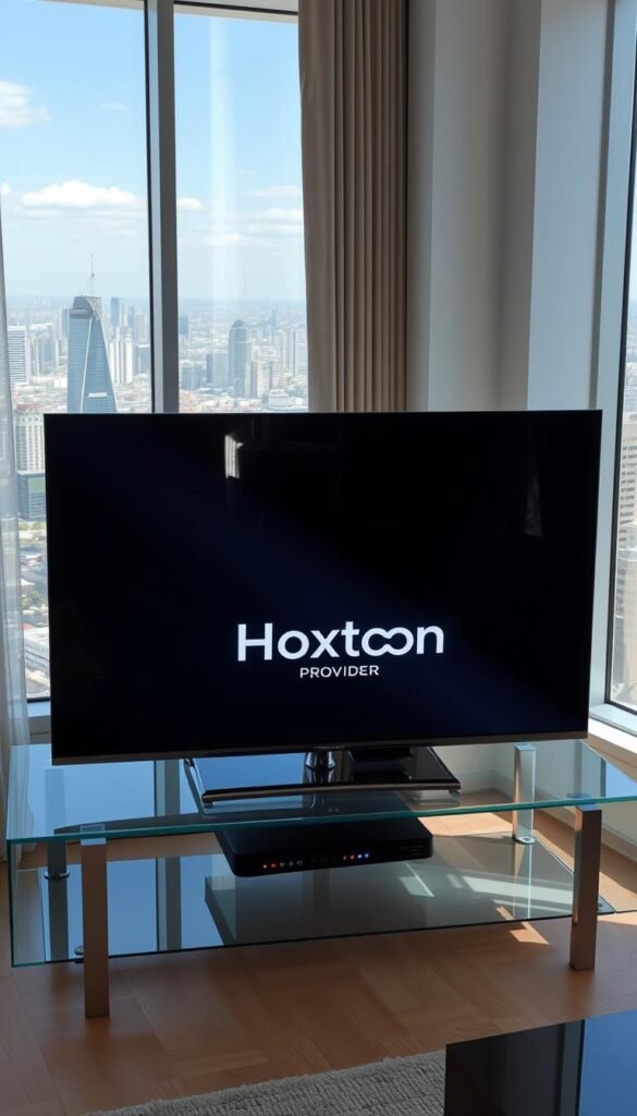 A sleek, minimalist television set rests on a modern glass-and-steel entertainment unit, surrounded by a living room filled with natural light streaming through large windows. The television's screen displays the Hoxtoon Provider logo, signifying the evolution of television streaming services. In the background, a cityscape of towering skyscrapers and a vibrant urban landscape is visible through the windows, hinting at the global reach and interconnectivity of the internet protocol television (IPTV) technology. The scene conveys a sense of sophistication, technological progress, and the seamless integration of digital entertainment into the contemporary home environment.