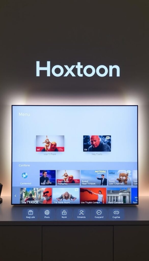 A sleek, minimalist user interface for the Hoxtoon IPTV provider, showcasing a clean grid layout of live TV channels and on-demand content. The interface is backlit by a soft, diffused light, creating a warm and inviting atmosphere. The Hoxtoon logo is prominently displayed in the top-left corner, conveying a sense of trusted branding. The main menu options are easily accessible, with intuitive icons and clear categorization. The overall design exudes a modern, sophisticated aesthetic that prioritizes user experience and seamless navigation.