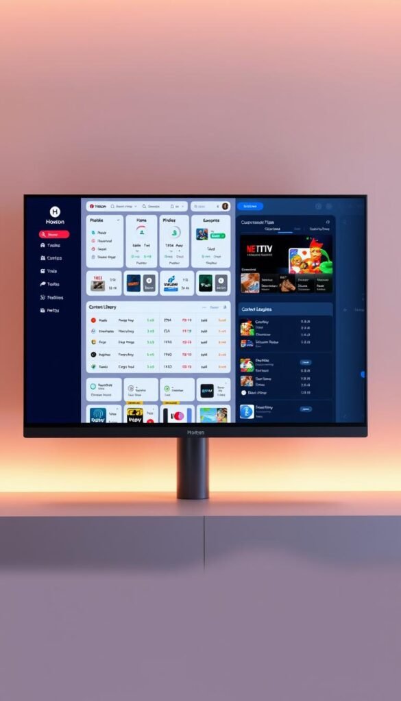 A sleek, minimalist web-based IPTV reseller panel displayed on a large, high-resolution display. The panel showcases the Hoxtoon Provider brand, featuring a clean and intuitive user interface with various sections for managing customer accounts, subscription plans, and content libraries. The layout is well-organized, with clear navigation and customizable options. The panel is bathed in a soft, warm lighting that creates a professional and trustworthy atmosphere. The background is a subtle gradient, allowing the panel to be the focal point. The overall impression is one of a powerful, yet user-friendly platform that empowers IPTV resellers to efficiently manage their business.