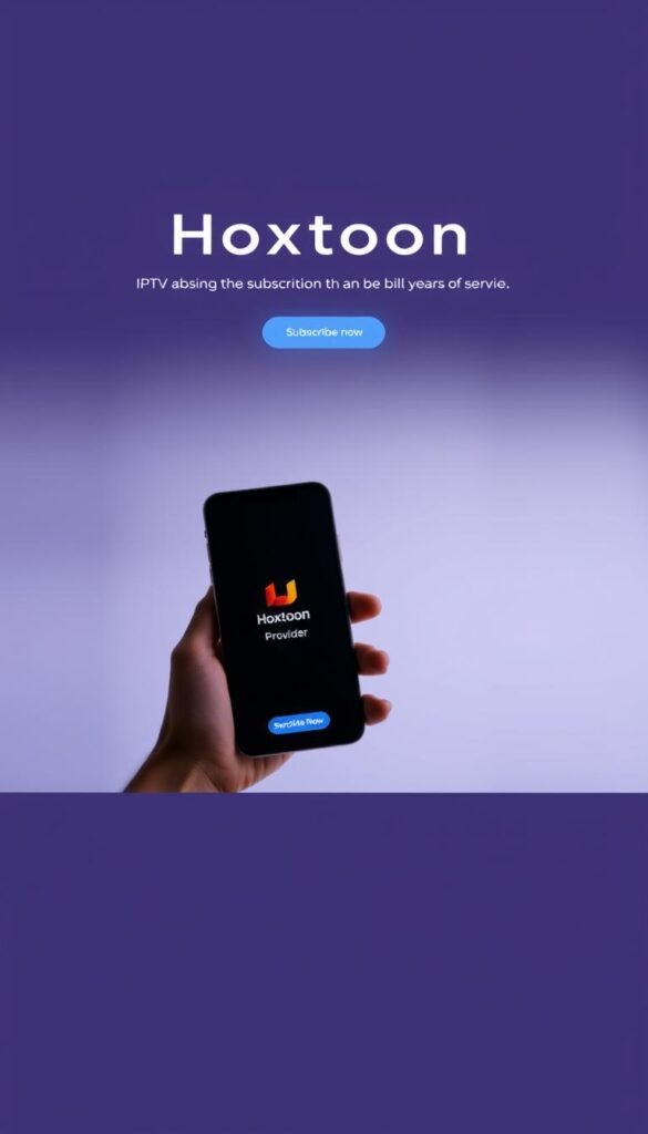 A sleek, minimalist website interface showcasing the "Hoxtoon Provider" IPTV subscription service. In the center, a large hero image depicts a person's hand holding a modern smartphone, the screen displaying the Hoxtoon logo and a "Subscribe Now" call-to-action button. The background is a soft, muted gradient, creating a sense of professionalism and trust. The overall layout is clean and visually appealing, reflecting the ease and convenience of purchasing an IPTV subscription from Hoxtoon. Subtle lighting and camera angles highlight the smartphone and website elements, drawing the viewer's attention to the key features. The mood is sophisticated and user-friendly, inviting the viewer to explore and sign up for the IPTV service.