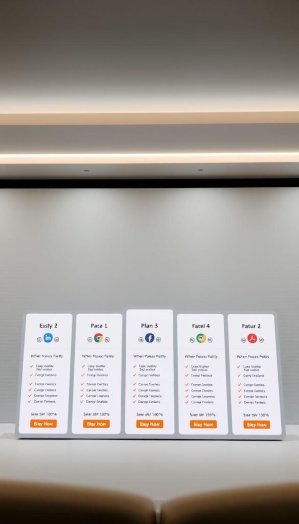 A sleek, minimalist website interface showcasing the subscription plans offered by Hoxtoon Provider. In the foreground, a grid of stylized plan cards with clear pricing details, icons, and feature highlights. The middle ground features a clean, uncluttered layout with a sense of elegance and professionalism. The background has a subtle pattern or texture, creating a sophisticated ambiance. Soft, indirect lighting illuminates the scene, emphasizing the clarity and simplicity of the design. The overall mood is one of modern, streamlined presentation that conveys the value and reliability of Hoxtoon's IPTV services.