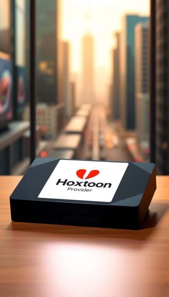 A sleek, modern Android TV box with a prominent Hoxtoon Provider logo displayed prominently on the front panel. The device is positioned on a minimalist, wood-grain surface, bathed in warm, soft lighting that highlights its clean, angular design. In the background, a blurred cityscape suggests a vibrant, urban setting, conveying a sense of connectivity and the latest technology. The image exudes a premium, high-quality aesthetic that aligns with the Hoxtoon brand and the promise of a reliable IPTV service.