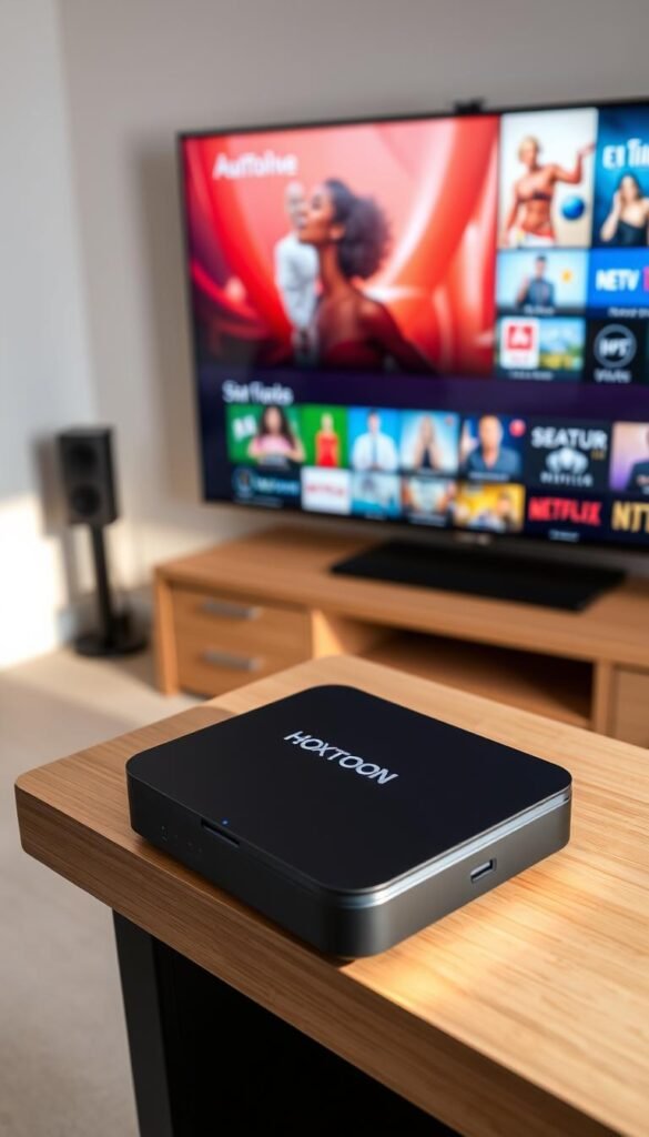 A sleek, modern Android TV box with the Hoxtoon Provider logo prominently displayed on the device's surface. The box rests on a minimalist, wood-grain desk, casting a soft, warm glow from its LEDs. In the background, a large flat-screen TV mounted on the wall displays a crisp, vivid IPTV interface, showcasing a wide array of entertainment options. The scene conveys a sense of technological sophistication and seamless home media integration, perfectly capturing the capabilities of Android devices for IPTV streaming.
