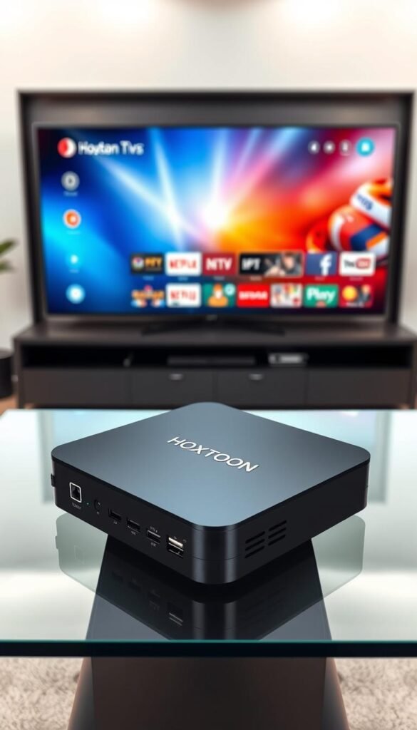 A sleek, modern Android TV box with the Hoxtoon Provider logo prominently displayed. The device rests on a minimalist, glass-topped table, surrounded by a neutral-toned, modern living room setting. Soft, indirect lighting creates a warm, inviting atmosphere. The TV box is rendered in intricate detail, showcasing its premium design and connectivity ports. In the background, a large, high-definition television screen displays a crisp, vivid IPTV interface, hinting at the immersive viewing experience the Android TV box and Hoxtoon Provider can deliver.