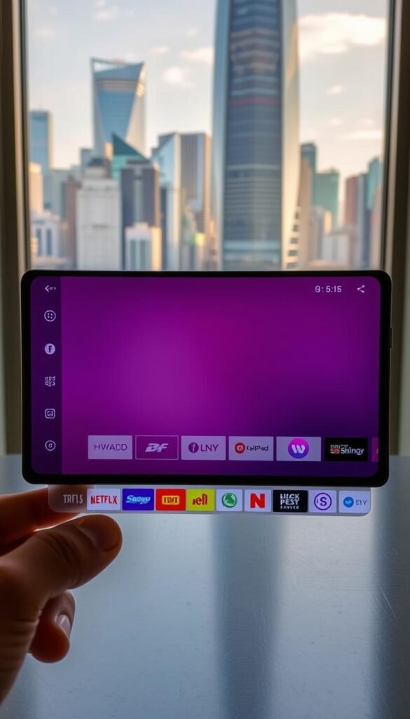 A sleek, modern Android interface showcasing the Hoxtoon Provider IPTV service. In the foreground, a high-definition video player dominates the screen, surrounded by a clean, minimalist UI with intuitive controls. The middle ground features a grid of channel logos, hinting at the extensive content library available. In the background, a vibrant cityscape with towering skyscrapers is visible through the window, conveying a sense of urban connectivity. The scene is bathed in warm, natural lighting, creating a visually appealing and immersive IPTV experience.