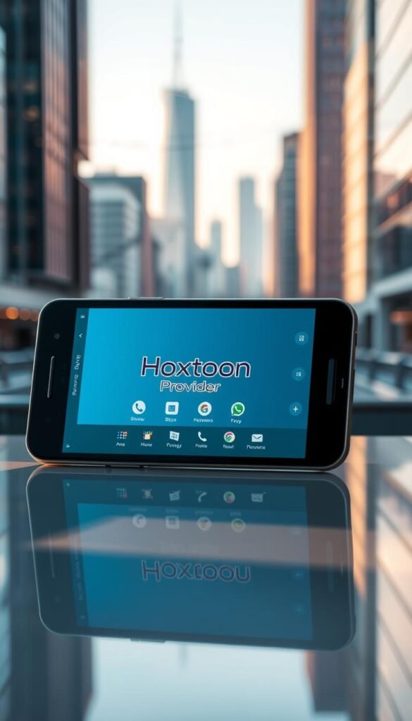 A sleek, modern Android mobile device prominently displaying the Hoxtoon Provider logo on its screen, surrounded by a clean, minimalist interface with intuitive app icons and controls. The device is situated on a glossy, reflective surface, bathed in warm, directional lighting that casts subtle shadows, creating a sense of depth and three-dimensionality. In the background, a blurred cityscape with skyscrapers and infrastructure suggests a vibrant, technology-driven metropolitan environment, reinforcing the app's position as a leading IPTV provider. The overall composition conveys a sense of sophistication, user-friendliness, and the cutting-edge capabilities of the Hoxtoon Provider platform.