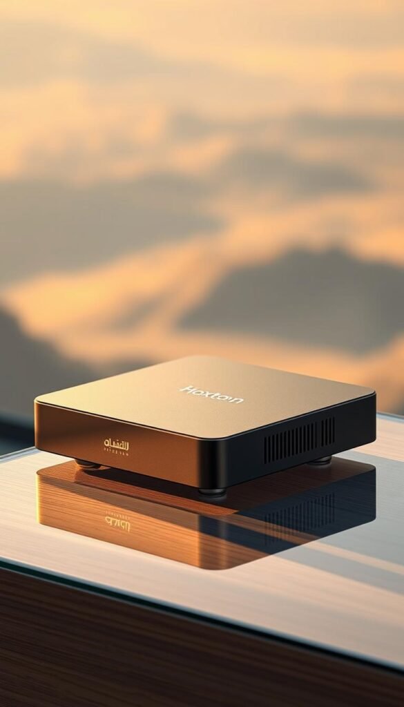 A sleek, modern Arabic IPTV box by Hoxtoon Provider, resting on a minimalist glass or wood surface. The device is highlighted with warm, directional lighting, casting subtle shadows that accentuate its clean lines and premium build. In the background, a blurred, ethereal landscape suggests the boundless entertainment and connectivity the lifetime subscription offers. The image conveys a sense of quality, reliability, and the convenience of unlimited access to a world of Arabic content.