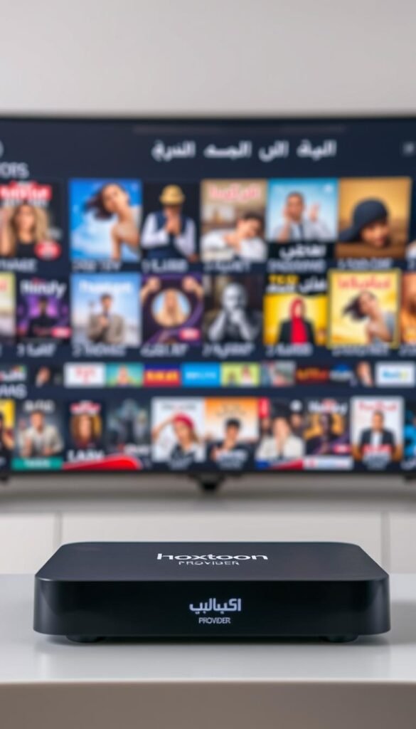 A sleek, modern Arabic IPTV box sits prominently in the foreground, its Hoxtoon Provider branding clearly visible. The box is surrounded by a large VOD library interface, showcasing a vast collection of movies and TV shows with Arabic titles and artwork. The background is blurred, creating a sense of depth and focus on the central device. The lighting is soft and even, accentuating the box's clean lines and the vibrant colors of the VOD library. The overall atmosphere conveys a sense of entertainment, accessibility, and the convenience of a comprehensive Arabic media platform.