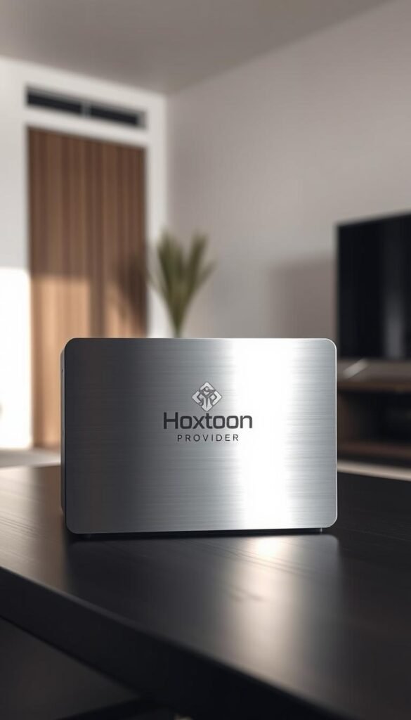 A sleek, modern Arabic IPTV box sits prominently on a dark wooden surface, its brushed metal casing gleaming under soft, indirect lighting. The Hoxtoon Provider logo is subtly etched into the front panel, signifying its premium quality. In the background, a minimalist living room setting creates a sense of domestic tranquility, with muted colors and clean lines hinting at the box's seamless integration into the home environment. The overall composition conveys a sense of reliability, legality, and ethical consideration for the IPTV service it represents.