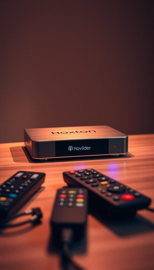 A sleek, modern Arabic IPTV box with the Hoxtoon Provider brand prominently displayed on the front panel. The device is situated on a minimalist, wood-grain desk, bathed in warm, soft lighting from an unseen source. The box features a brushed aluminum finish, clean lines, and a discreet LED indicator. In the middle ground, remote controls and cables are neatly arranged, hinting at the box's seamless connectivity. The background is blurred, creating a sense of depth and focus on the main subject. The overall mood is one of sophistication, technology, and the promise of a lifetime of free, high-quality Arabic entertainment.