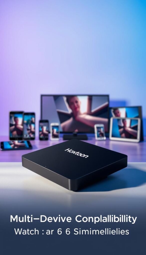 A sleek, modern Arabic IPTV box with the Hoxtoon Provider brand prominently displayed. The device is positioned in the foreground, showcasing its clean, minimalist design with sharp edges and a matte black finish. In the middle ground, multiple devices such as smartphones, tablets, and smart TVs are arranged, demonstrating the box's multi-device compatibility. The background features a soft, blurred gradient in shades of blue and purple, evoking a sense of technological advancement and connectivity. The lighting is directional, creating subtle shadows and highlights that accentuate the box's form and the surrounding devices. The overall scene conveys a premium, high-tech aesthetic that aligns with the subject of the article's section on "Multi-Device Compatibility: Watch on Up to 6 Devices Simultaneously".