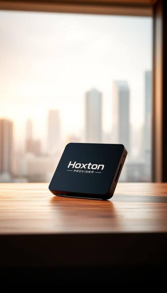 A sleek, modern Arabic IPTV box with the Hoxtoon Provider logo prominently displayed on the front panel. The box is positioned on a minimalist, wooden table, bathed in warm, soft lighting that highlights its clean, minimalist design. The background features a blurred cityscape, conveying a sense of urban sophistication. The box is angled slightly, creating a dynamic, eye-catching composition. The overall scene exudes a sense of premium quality and technological prowess, reflecting the Hoxtoon Provider's position as a premier Arabic IPTV service in the USA.