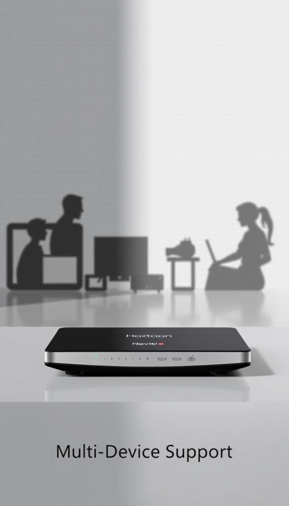 A sleek, modern Arabic IPTV player with a clean, intuitive interface. The device is displayed prominently in the foreground, showcasing its slim, sophisticated design and the Hoxtoon Provider branding. In the middle ground, multiple device silhouettes hint at the multi-device support, creating a sense of connectivity and versatility. The background features a subtle, minimalist pattern or gradient, providing a stylish, high-tech ambiance that complements the player's aesthetic. Soft, directional lighting highlights the device's elegant lines and promotes a premium, high-quality impression. The overall scene conveys a sense of seamless, effortless streaming across multiple devices, reflecting the "Multi-Device Support" section of the article.