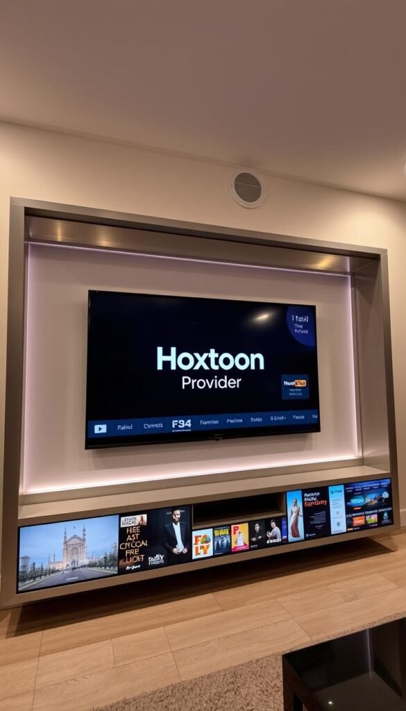A sleek, modern Arabic IPTV service displayed on a high-resolution screen, surrounded by a minimalist, metallic gray and white interface. The Hoxtoon Provider logo prominently featured in the center, conveying a sense of premium quality and reliability. The screen showcases a diverse array of Arabic TV channels, movies, and on-demand content, with a clean and intuitive user interface. The lighting is soft and diffused, creating a warm and inviting atmosphere. The camera angle is slightly elevated, providing a dynamic and visually compelling perspective. The overall impression is one of a cutting-edge, user-friendly Arabic IPTV service that caters to the needs of discerning viewers.