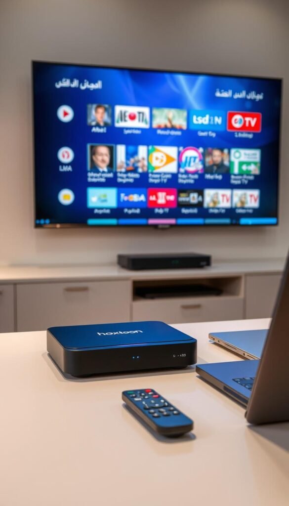 A sleek, modern Arabic IPTV setup showcasing the Hoxtoon Provider interface on a large, flat-screen TV. The TV display shows a vibrant, high-definition menu with a wide selection of Arabic TV channels and on-demand content. In the foreground, a minimalist, black set-top box with clean lines and an LED status indicator. On the table, a wireless remote control and a laptop or tablet, hinting at the various device integration options. Soft, diffused lighting creates a warm, inviting atmosphere, conveying the ease and convenience of the Hoxtoon lifetime Arabic IPTV experience.