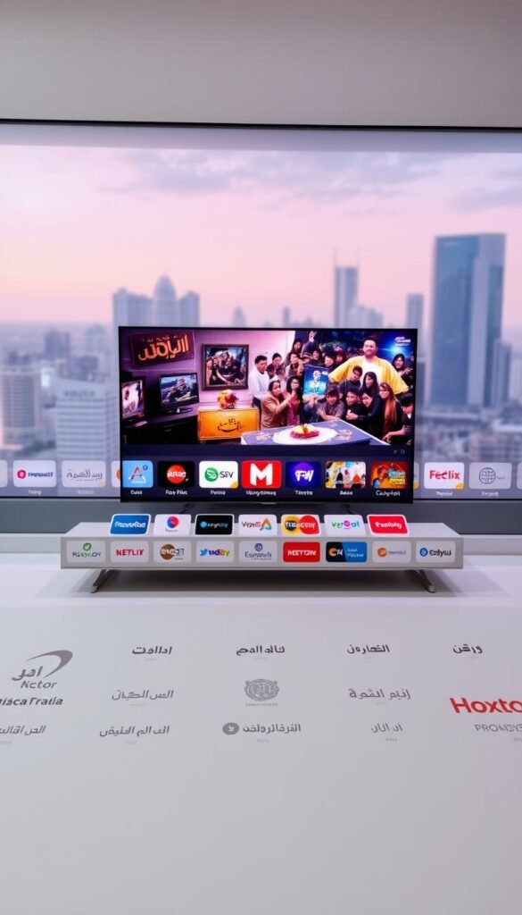 A sleek, modern Arabic TV provider interface showcasing the Hoxtoon Provider brand. The foreground displays a selection of popular Arabic channel logos arranged neatly, with a clean minimalist design. The middle ground features a large, high-resolution display screen showcasing vibrant, culturally-relevant video content. The background is a softly blurred cityscape, hinting at a cosmopolitan, metropolitan setting. The lighting is soft and diffused, creating a premium, high-end atmosphere. The camera angle is positioned slightly elevated, giving a sense of authority and professionalism to the scene.