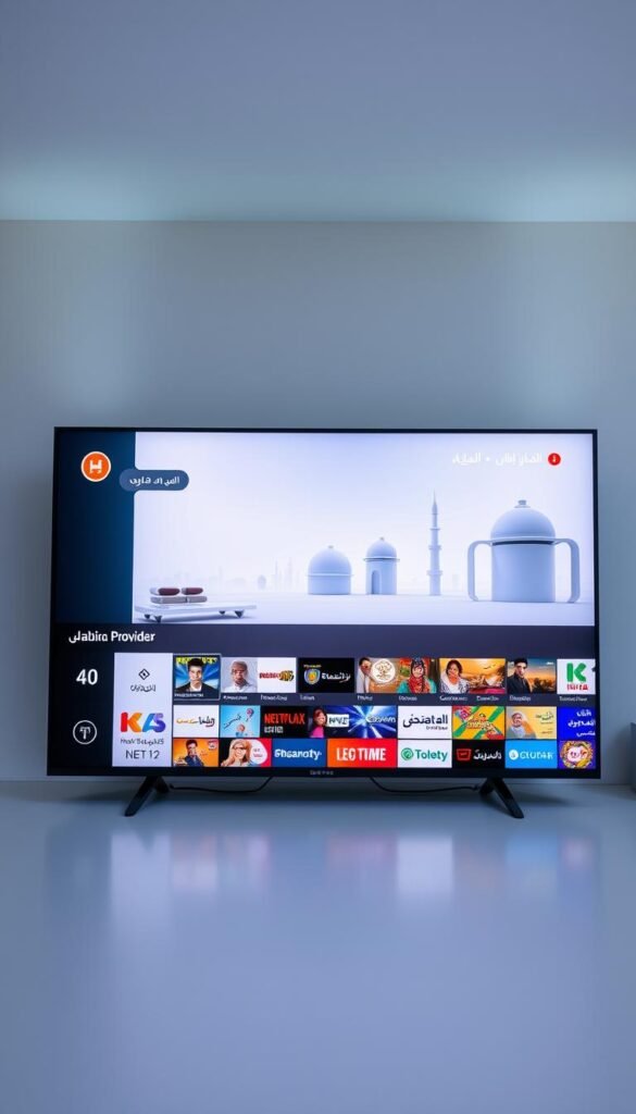 A sleek, modern Arabic TV streaming interface displayed on a high-resolution screen. In the foreground, the Hoxtoon Provider brand prominently showcases its logo and user-friendly menu options. The middle ground features a diverse array of Arabic channel thumbnails, reflecting the wide range of content available. The background depicts a minimalist, futuristic environment with subtle Middle Eastern design elements, conveying a sense of technological progress and cultural heritage. The overall scene is illuminated by soft, directional lighting that creates depth and emphasizes the screen's vibrant colors and crisp visuals.