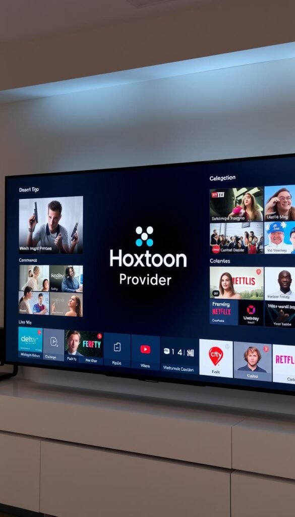 A sleek, modern Dutch television streaming service interface displayed on a large, high-resolution screen. The Hoxtoon Provider logo prominently featured in the center, flanked by tiles showcasing a variety of on-demand content and live TV channels. The interface has a clean, minimalist design with a neutral color palette of greys, whites, and blues, creating a sophisticated and user-friendly aesthetic. The scene is illuminated by soft, directional lighting, casting subtle shadows and highlights that enhance the depth and texture of the display. The camera angle is slightly elevated, providing a dynamic and immersive perspective of the streaming service's digital landscape.