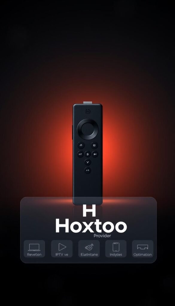 A sleek, modern Firestick device prominently displayed against a minimalist, dark background. The Firestick is illuminated by a soft, warm light, drawing the viewer's attention to its streamlined design and capabilities. In the foreground, a digital overlay showcases the Hoxtoon Provider logo, hinting at the IPTV service integration. The middle ground features various IPTV-related icons and graphical elements, subtly suggesting the optimization and customization options available. The background gradually fades into a subtle, atmospheric gradient, creating a sense of depth and sophistication. The overall composition conveys the idea of a seamless, high-performance Firestick setup optimized for IPTV streaming.