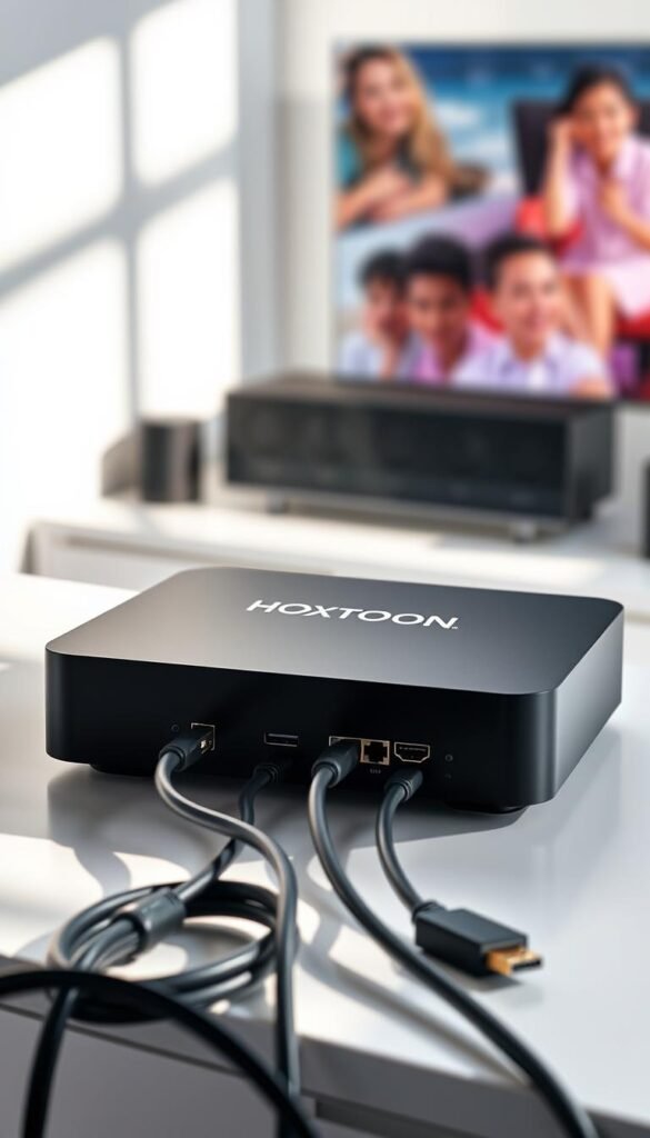 A sleek, modern HOXTOON IPTV box prominently displayed on a minimalist desk, illuminated by soft, natural lighting that casts subtle shadows. The box's clean, rectangular design and matte black finish exude a professional, tech-savvy aesthetic. In the middle ground, various HDMI, Ethernet, and power cables are neatly organized, showcasing the box's seamless connectivity. The background features a blurred, but visually appealing room setting, hinting at the box's integration into a home entertainment system. The overall scene conveys a sense of effortless setup and the reliable performance of the HOXTOON IPTV provider.