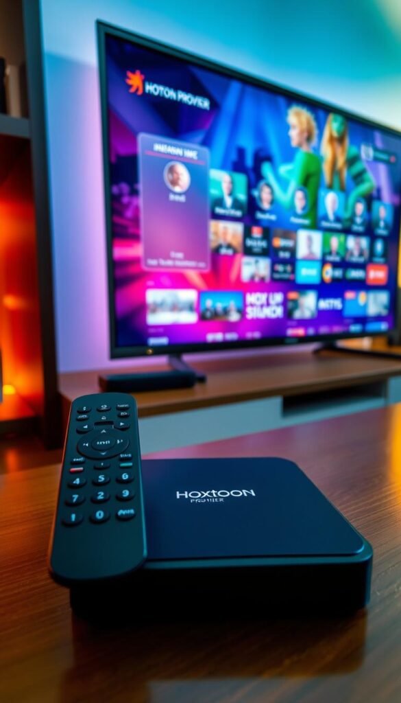 A sleek, modern Hoxtoon IPTV streaming setup, with a stylish remote control, a state-of-the-art Hoxtoon Provider streaming box, and a high-definition television displaying a vibrant, immersive interface. The scene is bathed in warm, diffused lighting, creating a cozy and inviting atmosphere. The arrangement is neatly organized, showcasing the seamless integration of technology and home entertainment. The Hoxtoon Provider branding is prominently displayed, conveying a sense of professionalism and reliability. The overall composition emphasizes the ease and convenience of setting up and using this IPTV platform.
