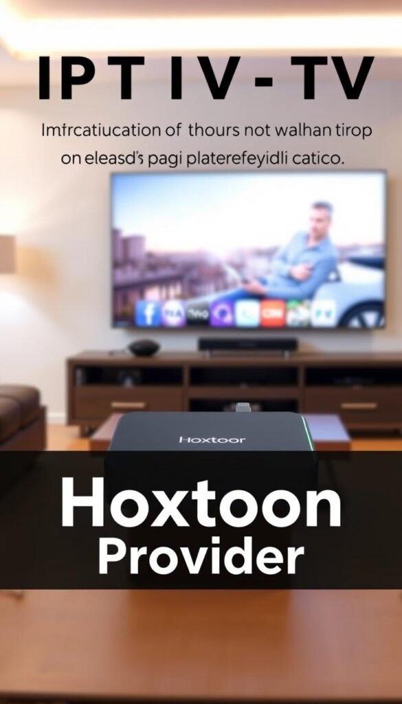 A sleek, modern IPTV Android TV box prominently displayed in the center of the frame, its sophisticated design and matte black finish reflecting a minimalist aesthetic. In the foreground, the Hoxtoon Provider logo is prominently showcased, highlighting the device's integration with the popular IPTV service. The background features a clean, softly blurred living room setting, with a large flat-screen television visible, hinting at the box's ability to seamlessly integrate with home entertainment systems. Soft, warm lighting creates a cozy, inviting atmosphere, and the overall composition conveys a sense of high-quality, on-demand entertainment at the user's fingertips.
