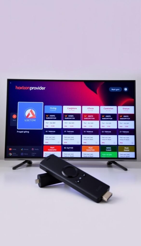 A sleek, modern IPTV app interface displayed on a Firestick device, showcasing the Hoxtoon Provider subscription plans. The screen features a clean, minimalist design with bold typography and vibrant colors. In the foreground, a grid of subscription options is prominently displayed, each with clear pricing and feature details. The middle ground depicts the Firestick device itself, captured at a dynamic angle to create depth and visual interest. The background is a soft, blurred gradient, keeping the focus on the app interface. The overall mood is one of professionalism, reliability, and ease of use, inviting the viewer to explore the Hoxtoon Provider's IPTV offerings.