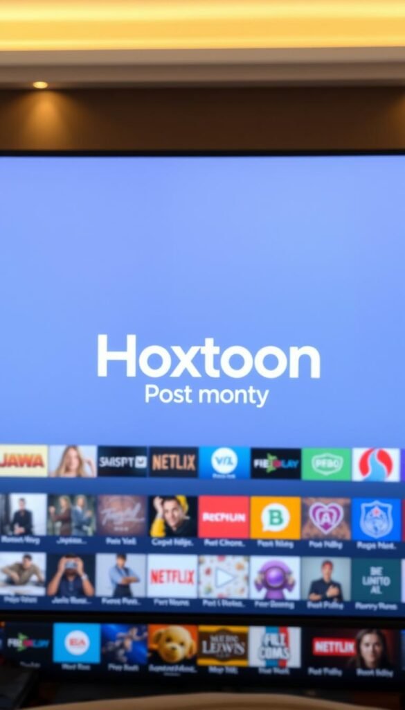 A sleek, modern IPTV app interface showcasing a vast content library. In the foreground, a high-resolution display of the "Hoxtoon Provider" brand logo, surrounded by a clean, minimalist design. The middle ground features a grid of colorful, high-definition channel icons, neatly organized and easily navigable. In the background, a subtle, out-of-focus view of a living room setting, conveying a sense of comfort and entertainment. The lighting is soft and warm, creating a cozy, inviting atmosphere. The camera angle is slightly elevated, giving a comprehensive overview of the app's user-friendly layout and extensive content offerings.