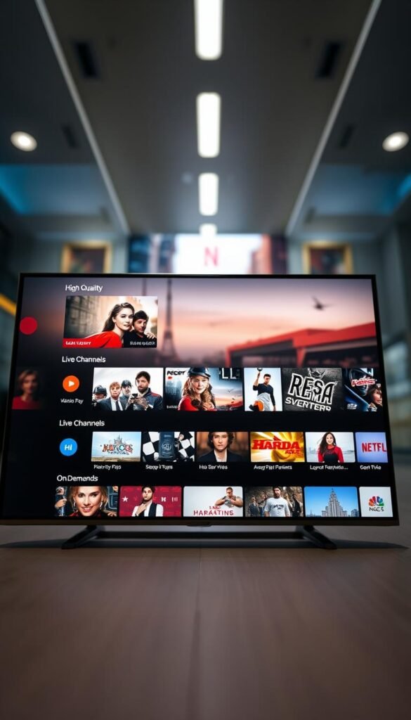 A sleek, modern IPTV app interface with the Hoxtoon Provider brand prominently displayed. The foreground features a clean, minimalist design with intuitive menu options and large, high-quality video thumbnails. The middle ground showcases a selection of popular live TV channels and on-demand content, presented in a visually appealing grid layout. The background subtly incorporates a soft, blurred cityscape, creating a sense of urban sophistication. The lighting is soft and diffused, with a warm color palette that enhances the premium, user-friendly aesthetic. The camera angle provides a dynamic, eye-level perspective, drawing the viewer into the immersive digital experience.